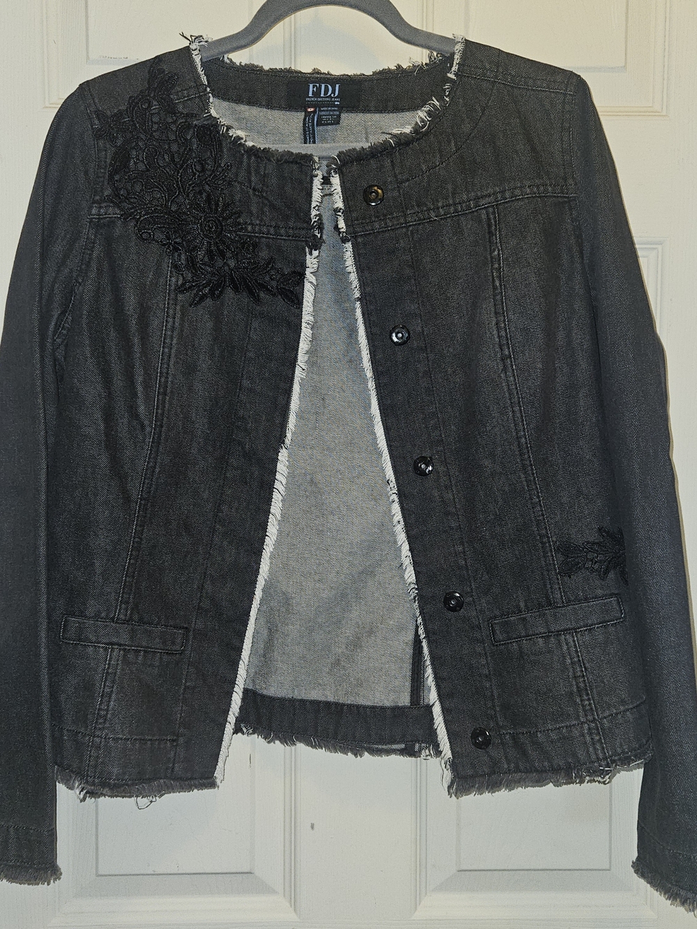 FDJ Black Denim Jacket with Lace Applique